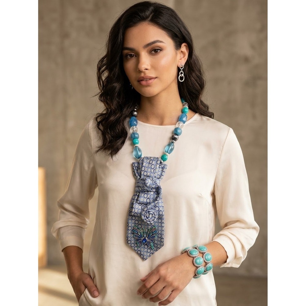Tom James Silk Tie Necklace Set Butterfly Brooch Turquoise Bracelet Earrings
